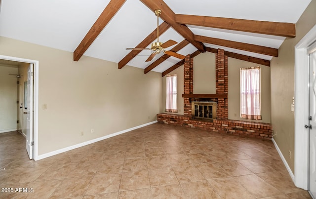 unfurnished living room with vaulted ceiling with beams, a fireplace, baseboards, and a ceiling fan