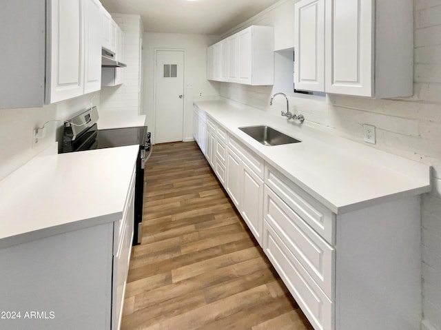 kitchen with white cabinetry, under cabinet range hood, stainless steel electric stove, light wood finished floors, and a sink