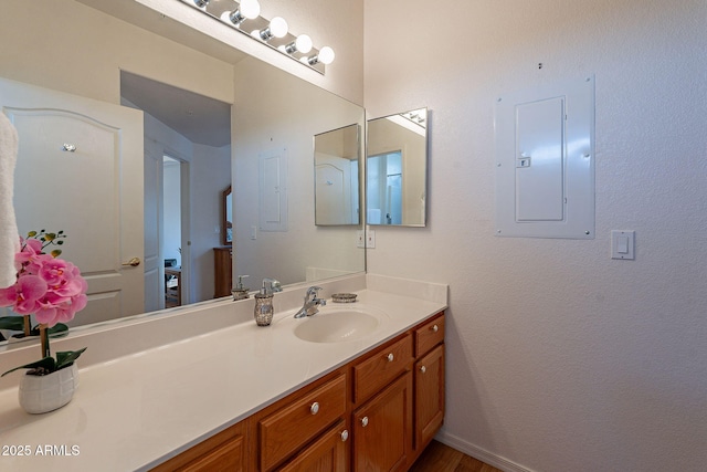 bathroom with electric panel and vanity