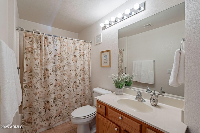 full bath featuring toilet, tile patterned flooring, visible vents, and vanity