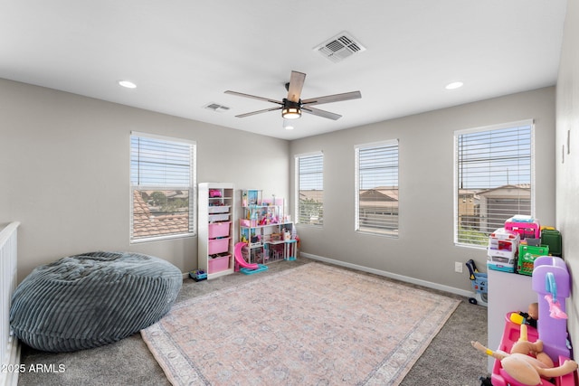 22904 E Domingo Rd, Queen Creek, AZ 85142 - recreation room with carpet flooring, baseboards, a ceiling fan, and recessed lighting