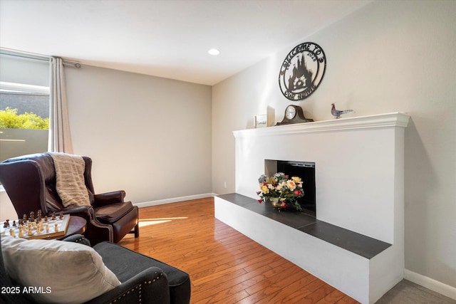 living area featuring hardwood / wood-style floors, baseboards, a fireplace with raised hearth, and recessed lighting