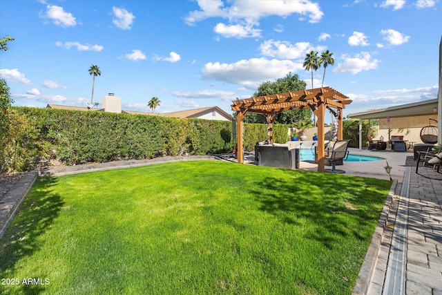 view of yard featuring a pergola, a fenced backyard, a fenced in pool, an outdoor hangout area, and a patio area