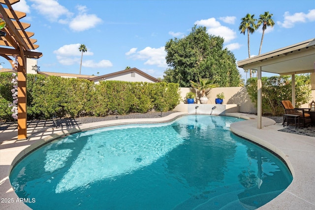 view of swimming pool with a pergola, a patio area, a fenced in pool, and a fenced backyard