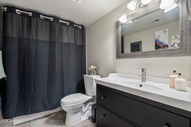 bathroom featuring vanity, visible vents, curtained shower, tile patterned floors, and toilet