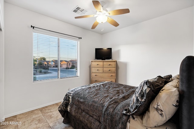 42335 W Waterfall Way, Maricopa, AZ 85138 - bedroom featuring visible vents, baseboards, a ceiling fan, and light tile patterned floors