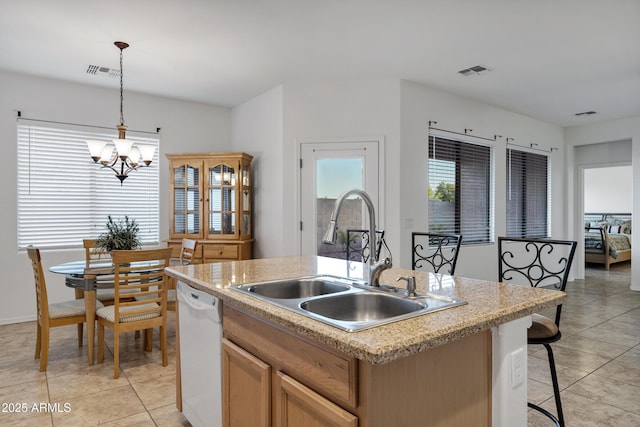 42335 W Waterfall Way, Maricopa, AZ 85138 - kitchen featuring visible vents, white dishwasher, a sink, a chandelier, and light tile patterned flooring