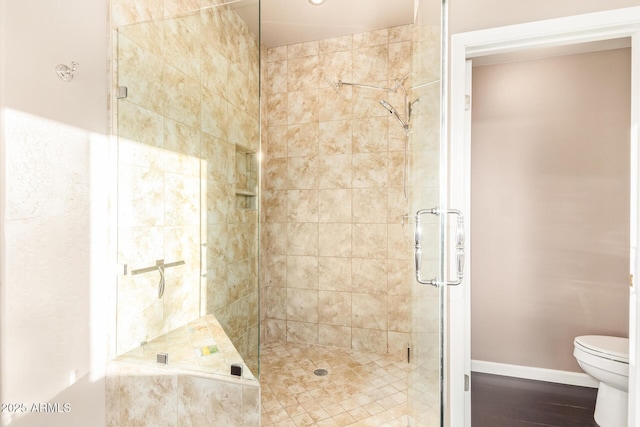 full bathroom featuring wood finished floors, a shower stall, toilet, and baseboards