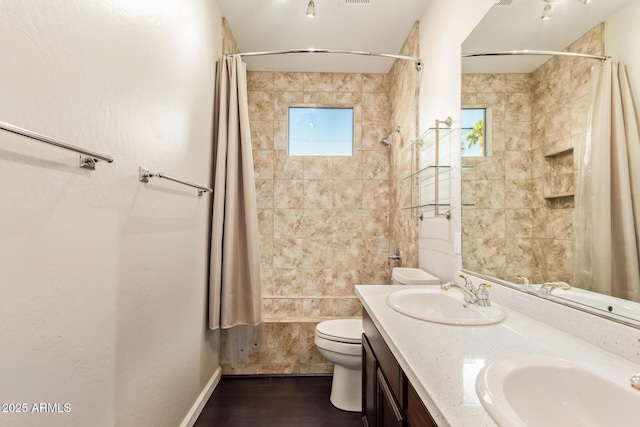 full bathroom with a sink, toilet, and double vanity