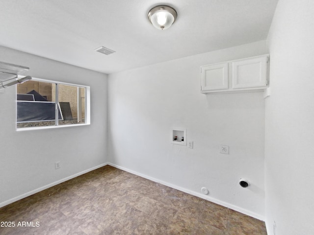 clothes washing area with laundry area, visible vents, baseboards, hookup for a gas dryer, and washer hookup