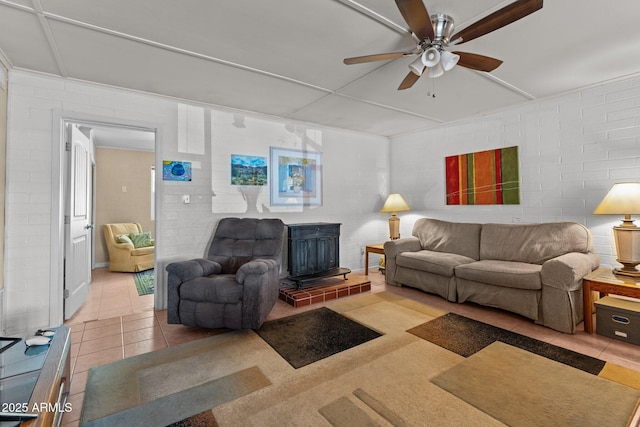 34381 S Vladimir St, Black Canyon City, AZ 85324 - tiled living area with a wood stove and a ceiling fan