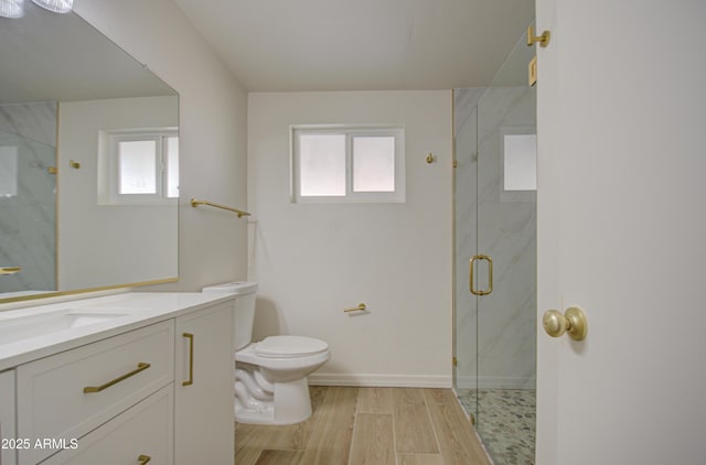 bathroom with vanity, toilet, and a shower with shower door