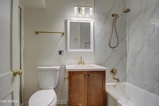 full bathroom with vanity, tiled shower / bath combo, and toilet