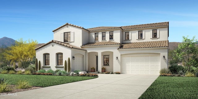 mediterranean / spanish home featuring stucco siding, concrete driveway, an attached garage, and a tiled roof