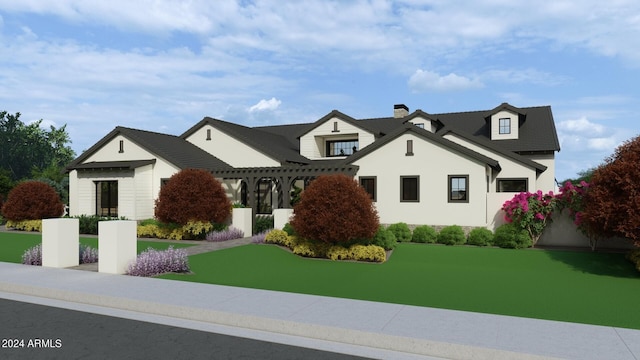 view of front of property featuring a pergola and a chimney