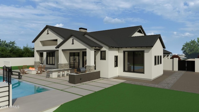 rear view of property featuring a patio, fence, a fenced in pool, stucco siding, and a chimney