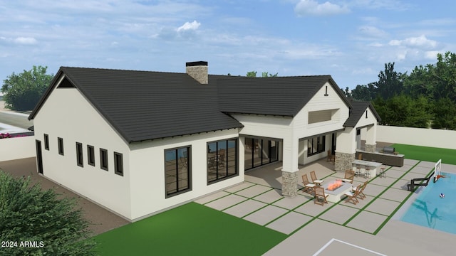 rear view of house with stucco siding, a patio area, fence, and a chimney