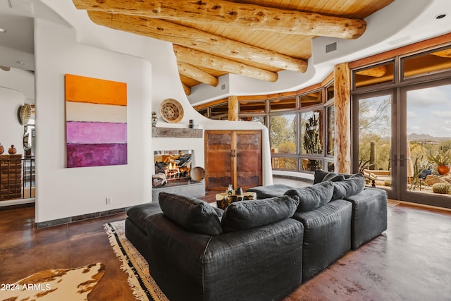 living room featuring a multi sided fireplace, beamed ceiling, and wooden ceiling