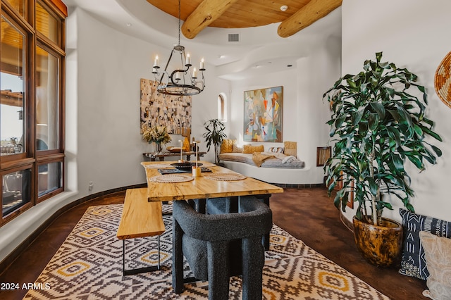 dining area with an inviting chandelier, wood ceiling, beam ceiling, and dark hardwood / wood-style flooring