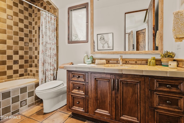 full bathroom featuring vanity, shower / bath combo, toilet, and tile patterned flooring