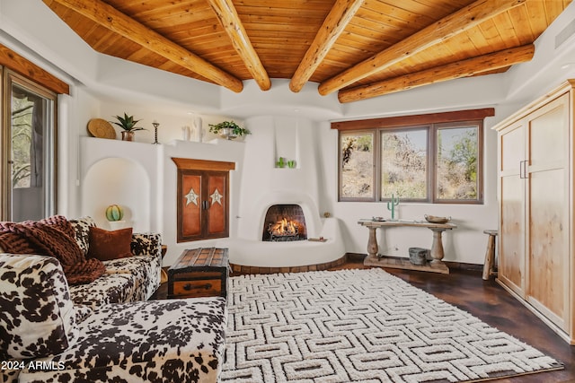 living area with wood ceiling, dark hardwood / wood-style floors, and beam ceiling