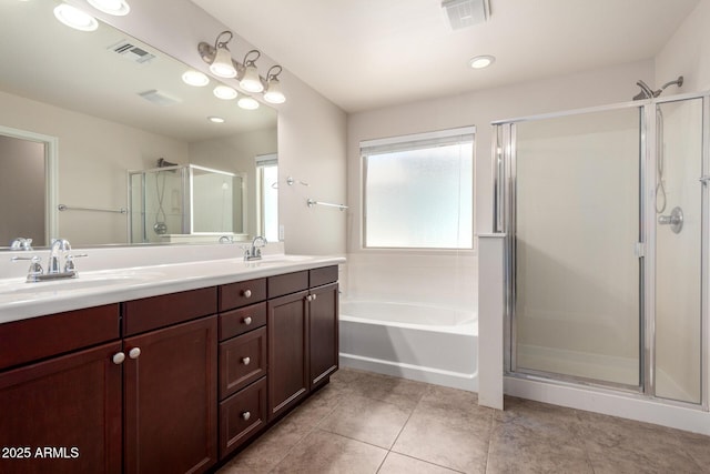 3449 E Sheffield Rd, Gilbert, AZ 85296 - full bathroom with a shower stall, double vanity, a bath, and tile patterned flooring