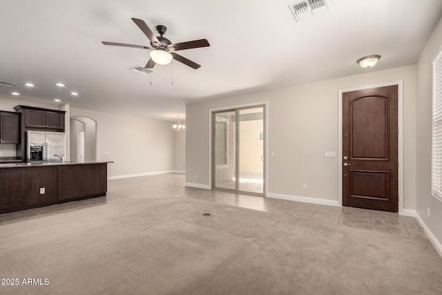 3449 E Sheffield Rd, Gilbert, AZ 85296 - unfurnished living room with recessed lighting, ceiling fan, baseboards, a chandelier, and light tile patterned flooring