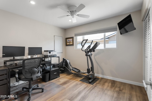 office with recessed lighting, baseboards, a ceiling fan, and wood finished floors