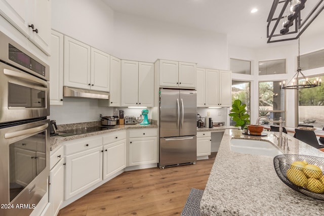 kitchen featuring stainless steel appliances, pendant lighting, light wood-type flooring, and white cabinetry