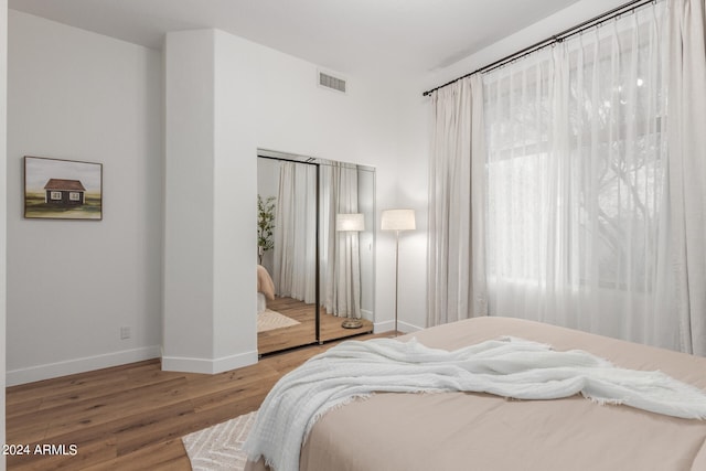 bedroom featuring wood-type flooring and a closet