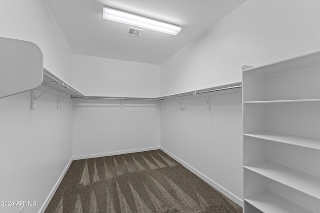 walk in closet with vaulted ceiling and dark colored carpet