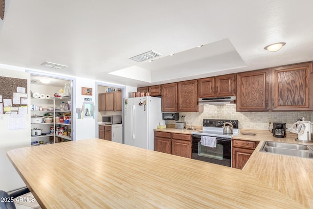 kitchen featuring sink, a tray ceiling, white refrigerator, and black electric range