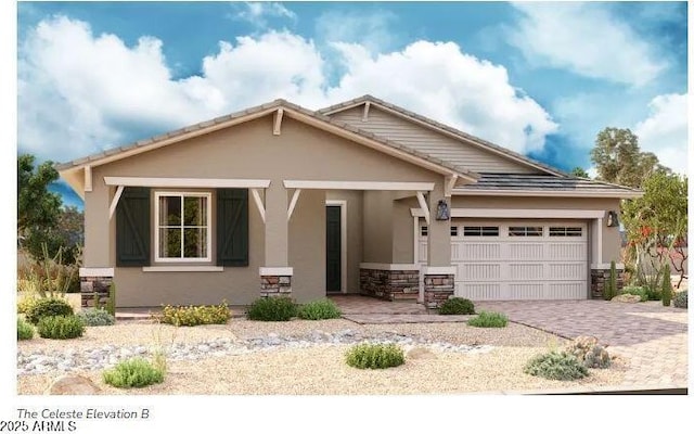 view of front of property with stucco siding, an attached garage, stone siding, and decorative driveway
