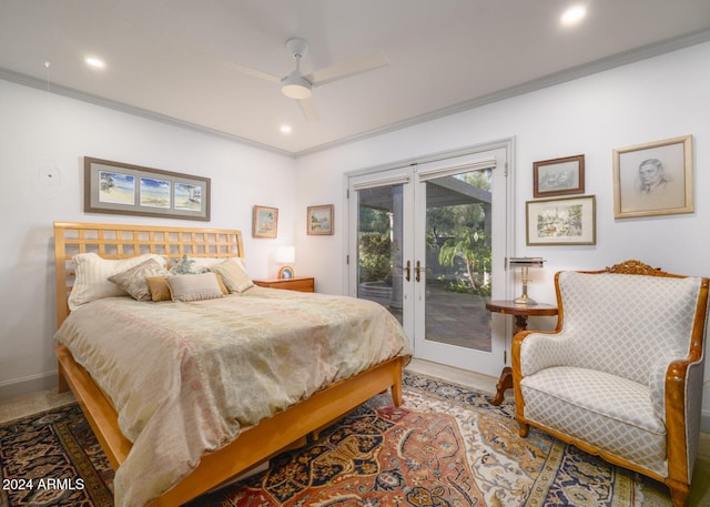 bedroom featuring ceiling fan, ornamental molding, access to outside, and french doors