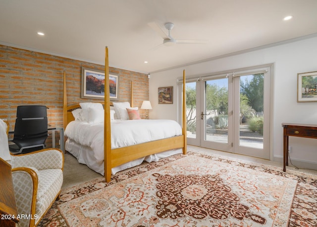 bedroom featuring access to outside, ceiling fan, crown molding, and brick wall