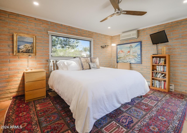 bedroom with ceiling fan, brick wall, and a wall mounted air conditioner