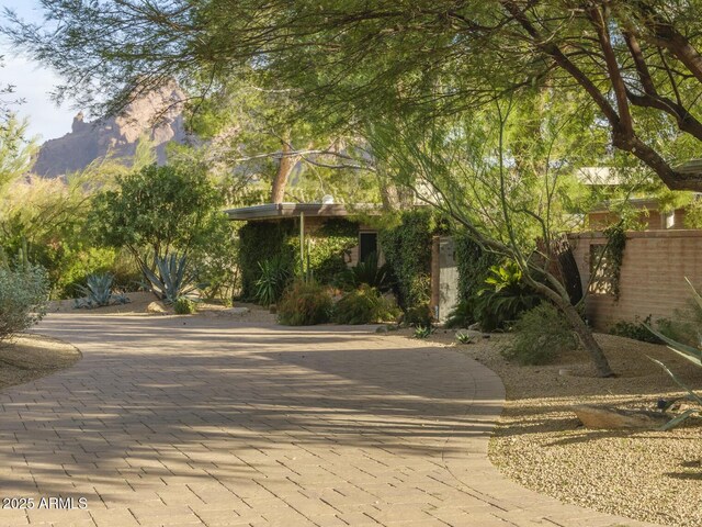 view of front of home with a mountain view