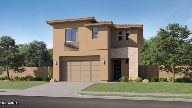 view of front facade featuring a garage, concrete driveway, stucco siding, fence, and a front yard