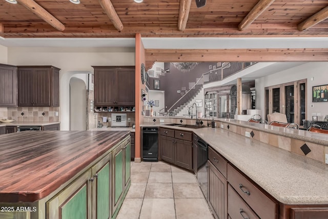 kitchen with wooden counters, a kitchen island, and wood ceiling