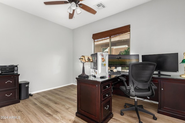 office space featuring visible vents, ceiling fan, light wood-style flooring, and baseboards