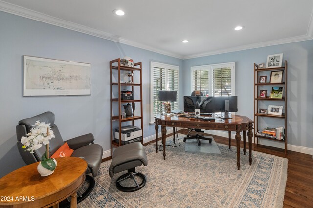 office area featuring dark hardwood / wood-style floors and ornamental molding