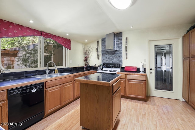 kitchen with black dishwasher, light wood-style flooring, white electric range oven, wall chimney exhaust hood, and a sink