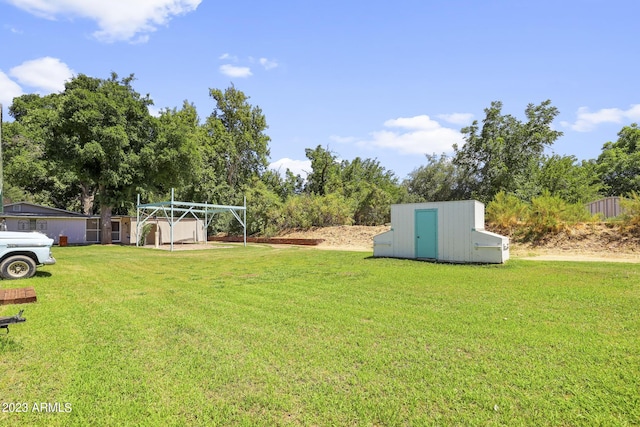 view of yard featuring a storage shed and an outdoor structure