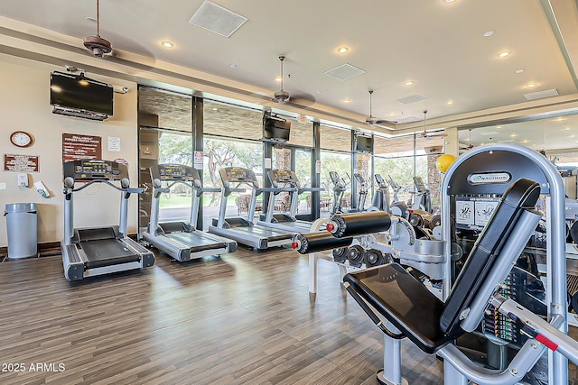 7438 E Visao Dr, Scottsdale, AZ 85266 - gym featuring recessed lighting, floor to ceiling windows, wood finished floors, and visible vents