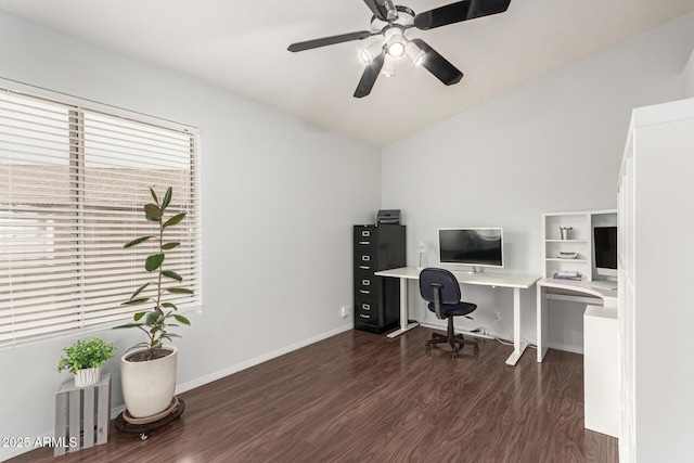 office area featuring lofted ceiling, ceiling fan, baseboards, and wood finished floors