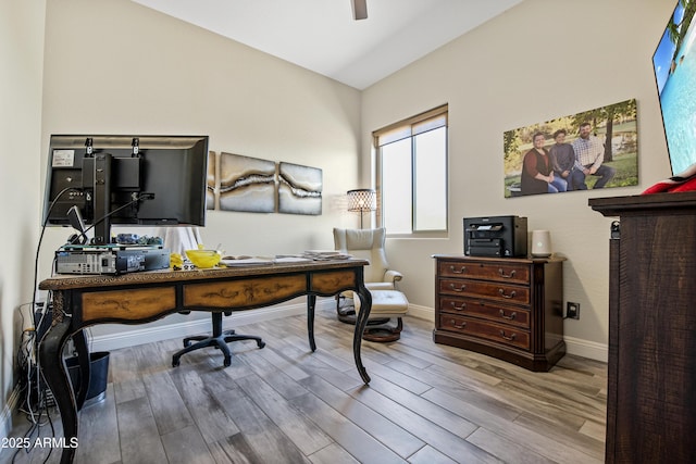 28019 N 115th Pl, Scottsdale, AZ 85262 - office area featuring wood finished floors, ceiling fan, and baseboards