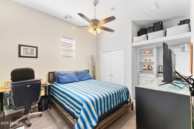 6948 E Quill St, Mesa, AZ 85207 - bedroom featuring light carpet, a closet, ceiling fan, and an office area