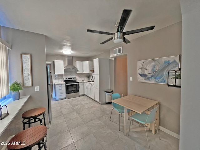 kitchen featuring visible vents, appliances with stainless steel finishes, wall chimney exhaust hood, white cabinets, and decorative backsplash