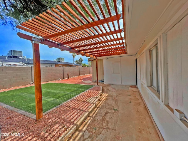 view of patio / terrace with central AC unit, a fenced backyard, and a pergola