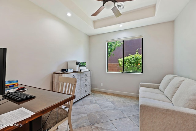 30406 N 54th St, Cave Creek, AZ 85331 - office space with ceiling fan, recessed lighting, baseboards, a raised ceiling, and light tile patterned flooring